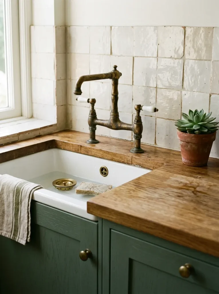Unlacquered brass bridge tap with natural patina over a white ceramic sink in a sage green kitchen
