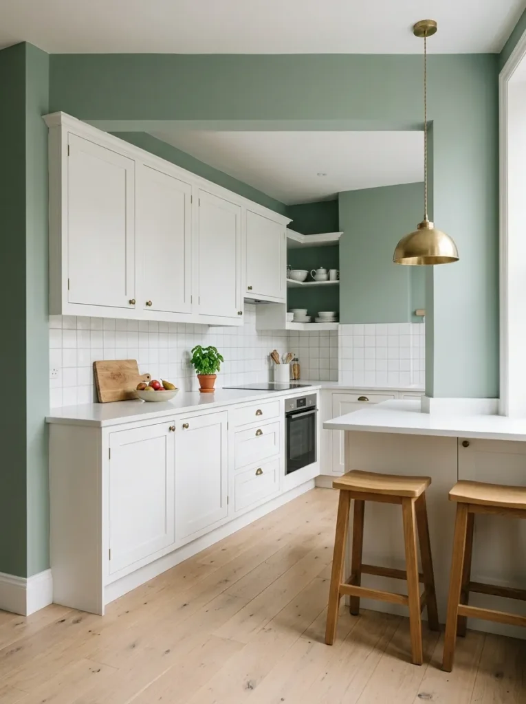 Sage green painted kitchen walls with white Shaker cabinets, pale wood floor, and a brass pendant light
