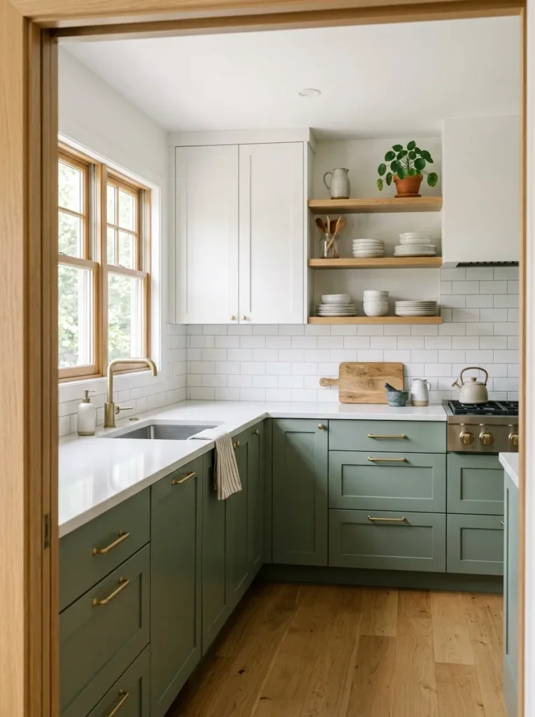 Kitchen with sage green lower Shaker cabinets, white upper cabinets, and brushed brass handles in natural light
