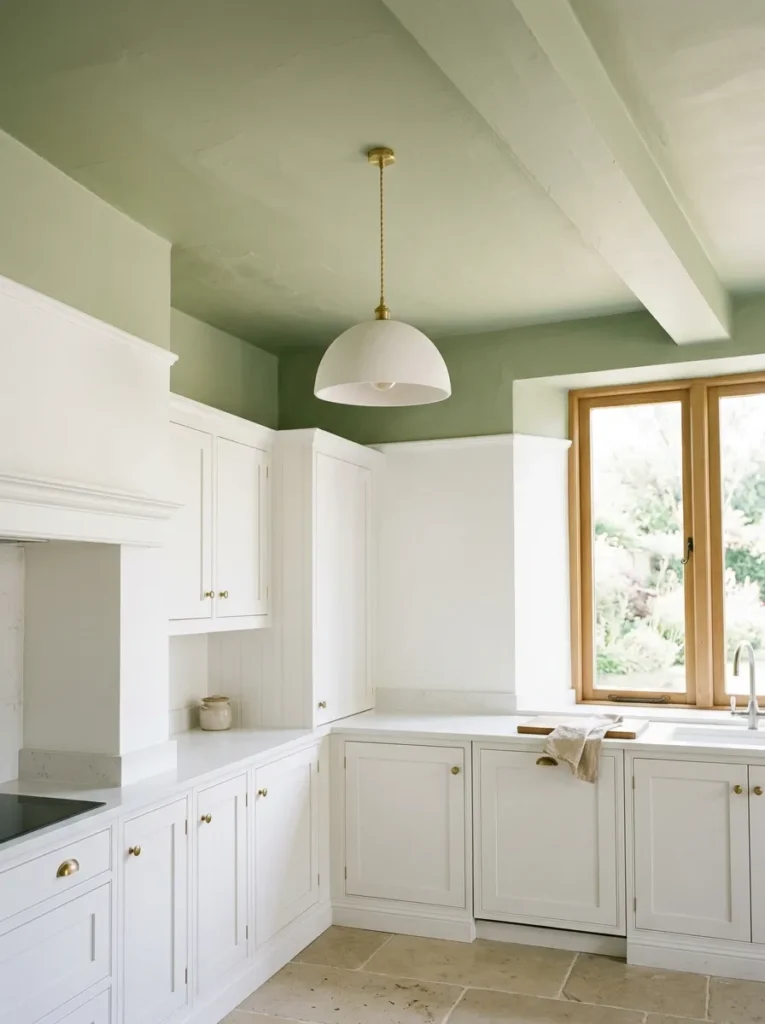 Pale sage green painted kitchen ceiling above white cabinets and walls with a plaster pendant light
