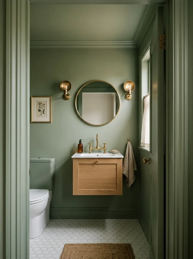 Powder room with walls, ceiling, and trim all in the same moody sage green matte paint, with brass sconces and a floating oak vanity
