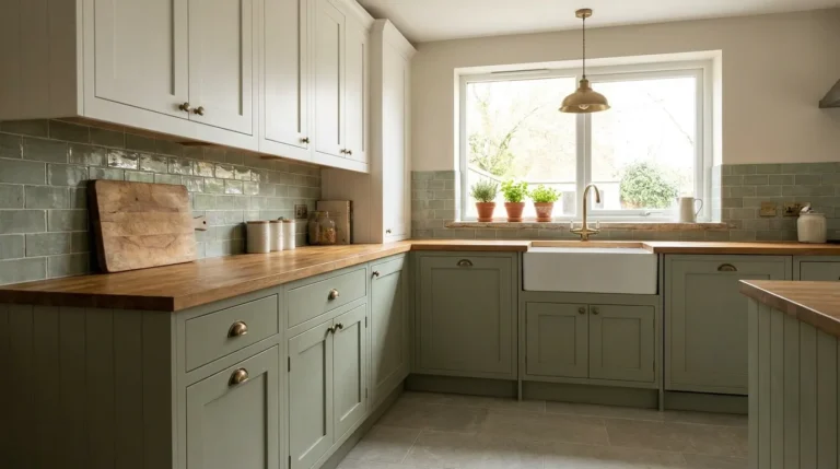 Sage green Shaker lower cabinets with white upper cabinets, butcher block countertop, and aged brass hardware in a naturally lit kitchen