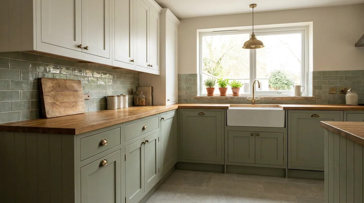 Sage green Shaker lower cabinets with white upper cabinets, butcher block countertop, and aged brass hardware in a naturally lit kitchen