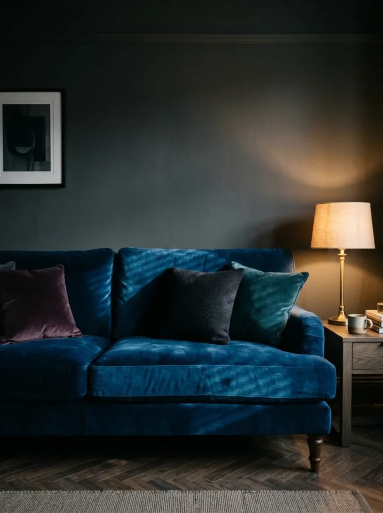 Deep sapphire blue velvet sofa with tonal cushions against a dark charcoal wall, lit by a brass table lamp
