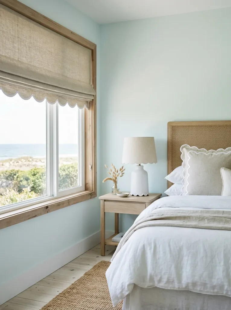 Bedroom with scalloped-edge pillowcases, a scalloped ceramic lamp, and scalloped window shade