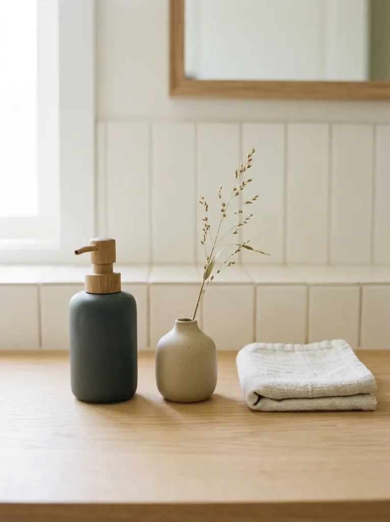 Clean Scandinavian bathroom vanity countertop with only a ceramic soap dispenser, bud vase, and folded hand towel, no product packaging visible