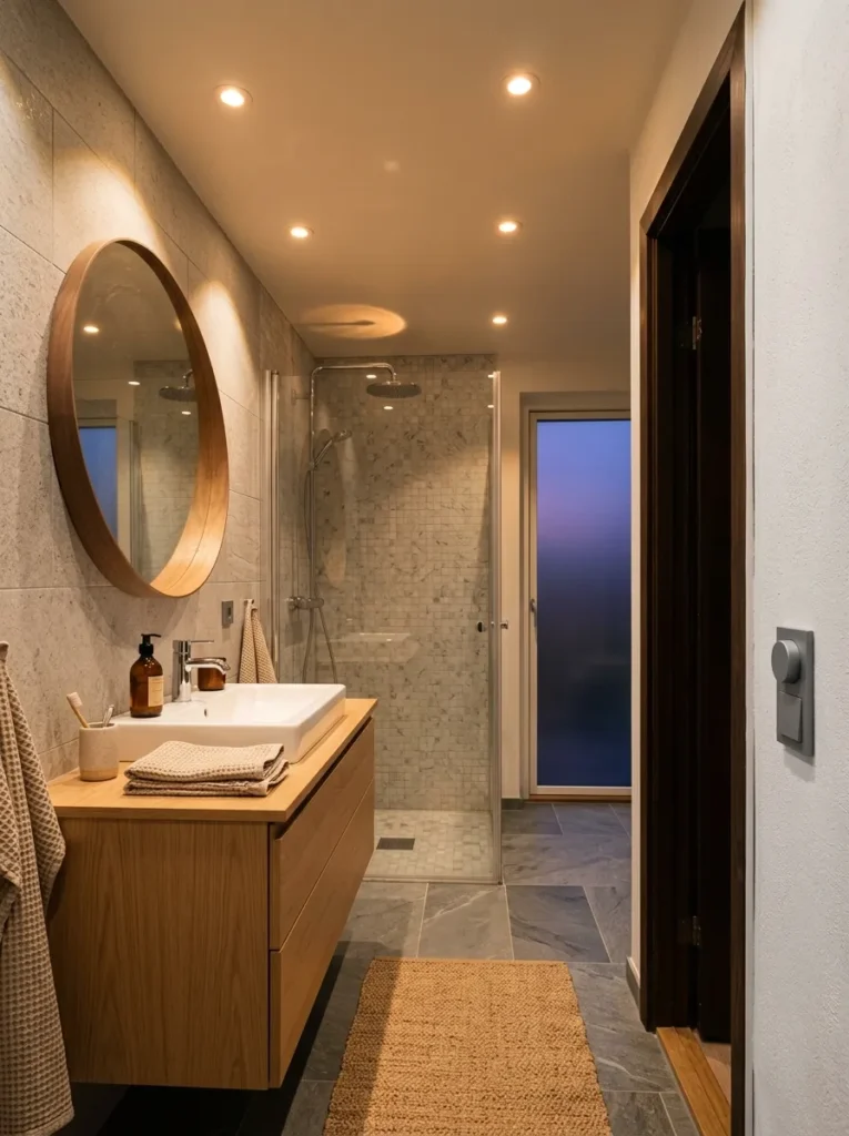 Scandinavian bathroom at evening with recessed downlights dimmed to 50%, warm amber 2700K light filling the room evenly