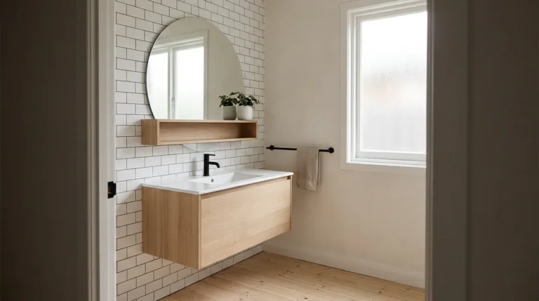 Scandinavian bathroom with a floating pale oak vanity, round mirror, matte white subway tile, matte black tap, and a small plant in morning light