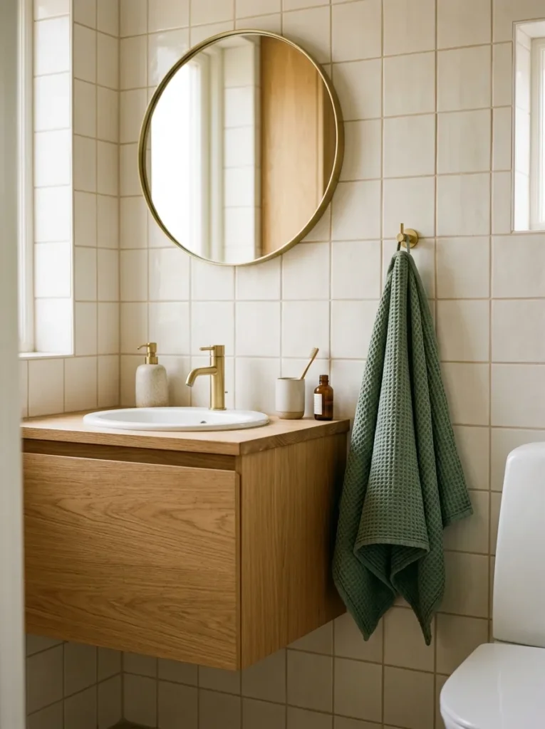 Compact Scandinavian bathroom showing three warm-family tones: warm white tile, pale oak vanity, and a dusty sage towel in afternoon light