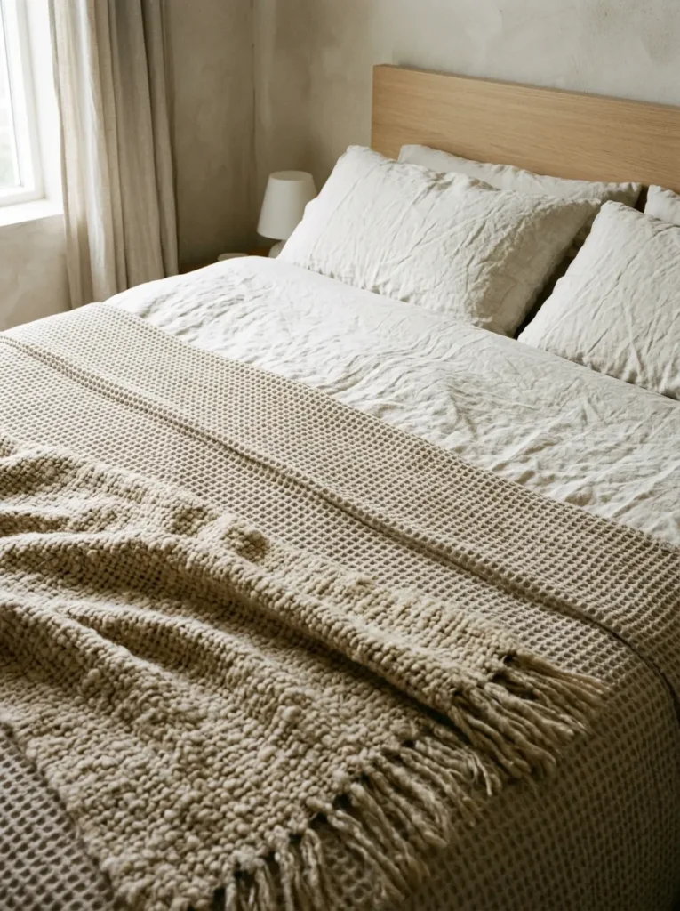 Close-up of a Scandinavian bed showing three layered textiles — crinkled linen duvet, waffle cotton blanket, and natural wool throw — in warm neutral tones