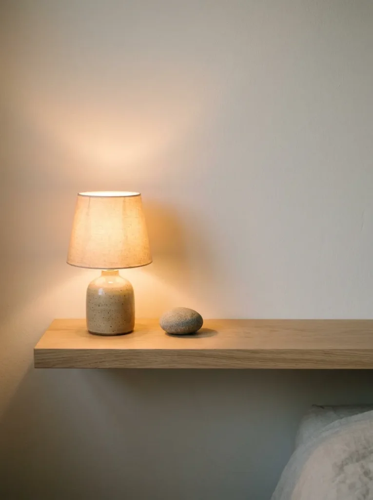Scandinavian bedside shelf with only a ceramic lamp and a small round stone, the rest of the pale oak shelf surface bare against a warm white wall
