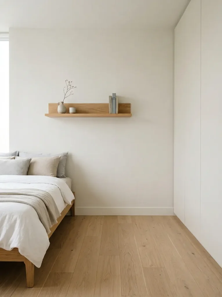 Scandinavian bedroom showing clear floor space, a low bed with wall-mounted shelf, and flush wardrobe — no additional freestanding storage units