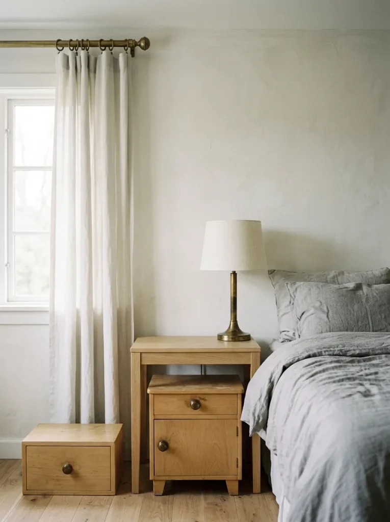 Scandinavian bedroom showing aged brass curtain rod, lamp base, and drawer pull all in the same consistent warm finish against a pale wall