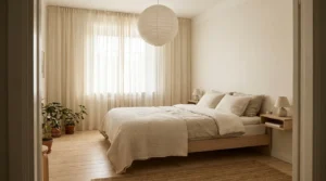 Scandinavian bedroom with a low pale oak platform bed, layered oatmeal linen, full-width ceiling-height curtains diffusing morning light, and a round paper pendant