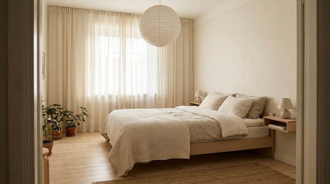 Scandinavian bedroom with a low pale oak platform bed, layered oatmeal linen, full-width ceiling-height curtains diffusing morning light, and a round paper pendant