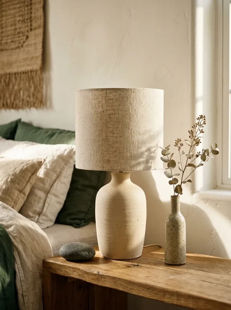 Scandinavian bedroom bedside shelf with a hand-thrown ceramic lamp, smooth stone, and ceramic vessel with a dried stem showing varied natural materials