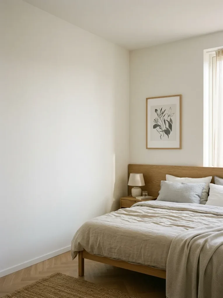 Scandinavian bedroom with one wall completely bare in warm white, adjacent headboard wall with a single framed print — the blank wall reads as a deliberate design decision