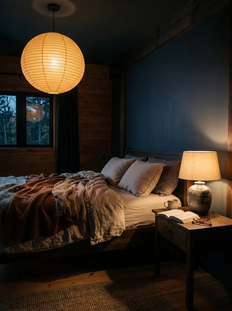 Scandinavian bedroom at evening lit by two warm sources — an amber paper pendant above and a ceramic bedside lamp at lower level