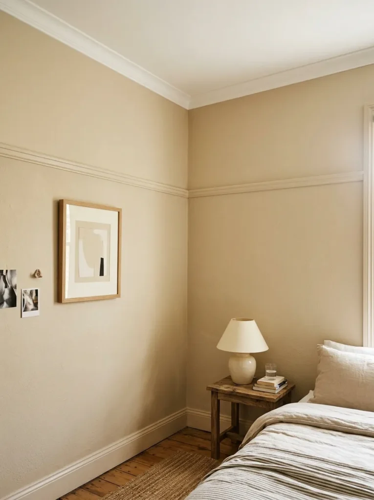 Bedroom corner photographed upward showing warm oat-white walls transitioning to a one-shade-lighter white ceiling at the cornice in afternoon light