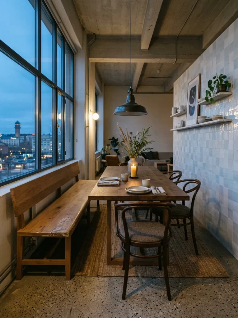 Solid oak dining bench on one side of a smoked oak table with curved-back chairs opposite in a Finnish urban loft dining room.