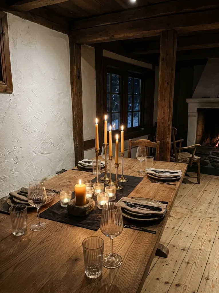 Unlacquered brass taper candle holders and beeswax pillar candles creating warm evening light on a dining table in a Norwegian timber-framed dining room.