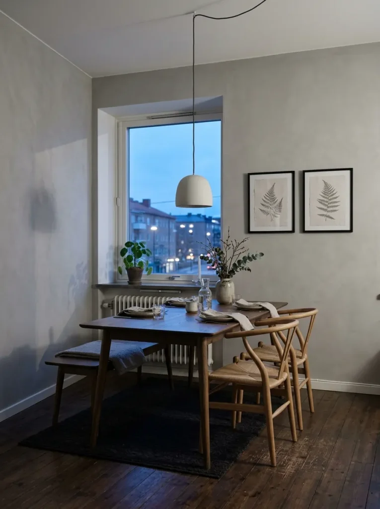 Tightly grouped black-framed botanical prints on grey microcement wall in a Swedish urban apartment Scandinavian dining room.