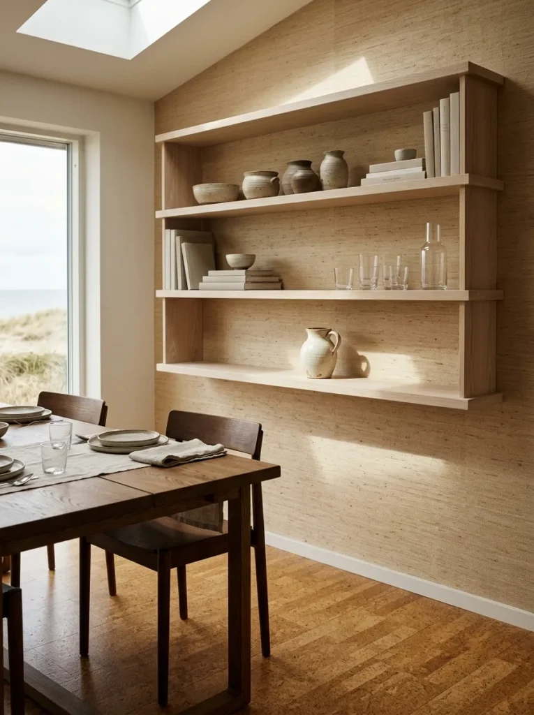 Open pale ash shelves styled with ceramics and glassware above a smoked oak dining table in a Danish coastal Scandinavian dining room.