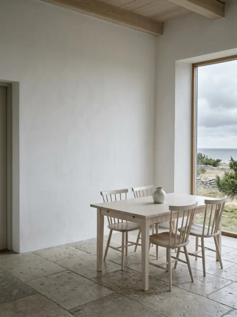 Single white ash dining table and four chairs in a radically edited minimal room with bare plaster walls in a Swedish Gotland dining space.