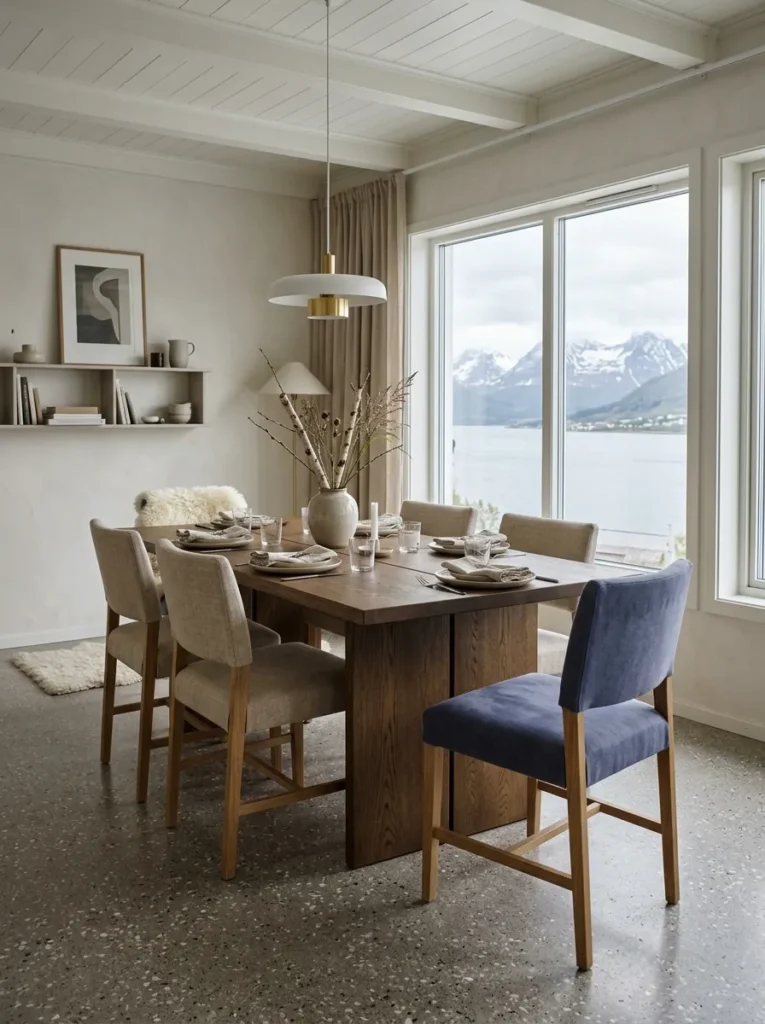 Single dusty indigo upholstered dining chair among natural linen chairs at a smoked oak table in a Norwegian Scandinavian dining room.