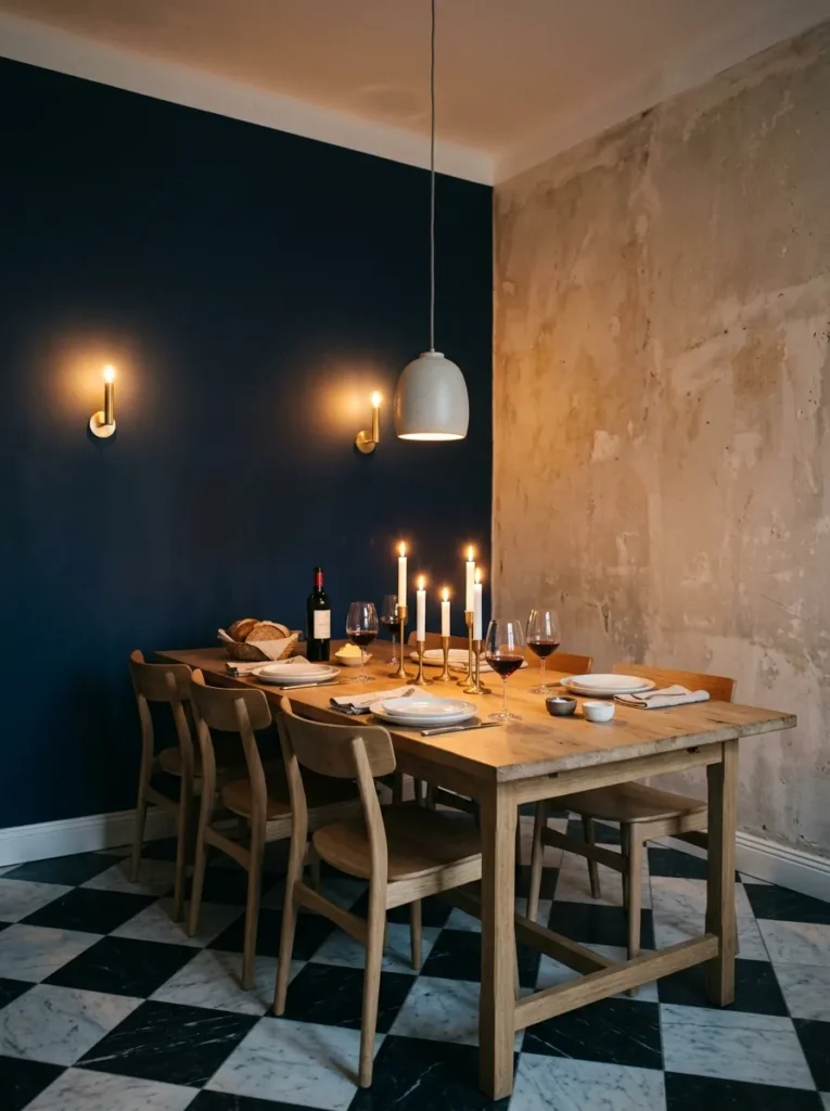 Layered pendant and wall sconce lighting at warm evening glow in a Stockholm Scandinavian dining room with navy wall and marble tile.