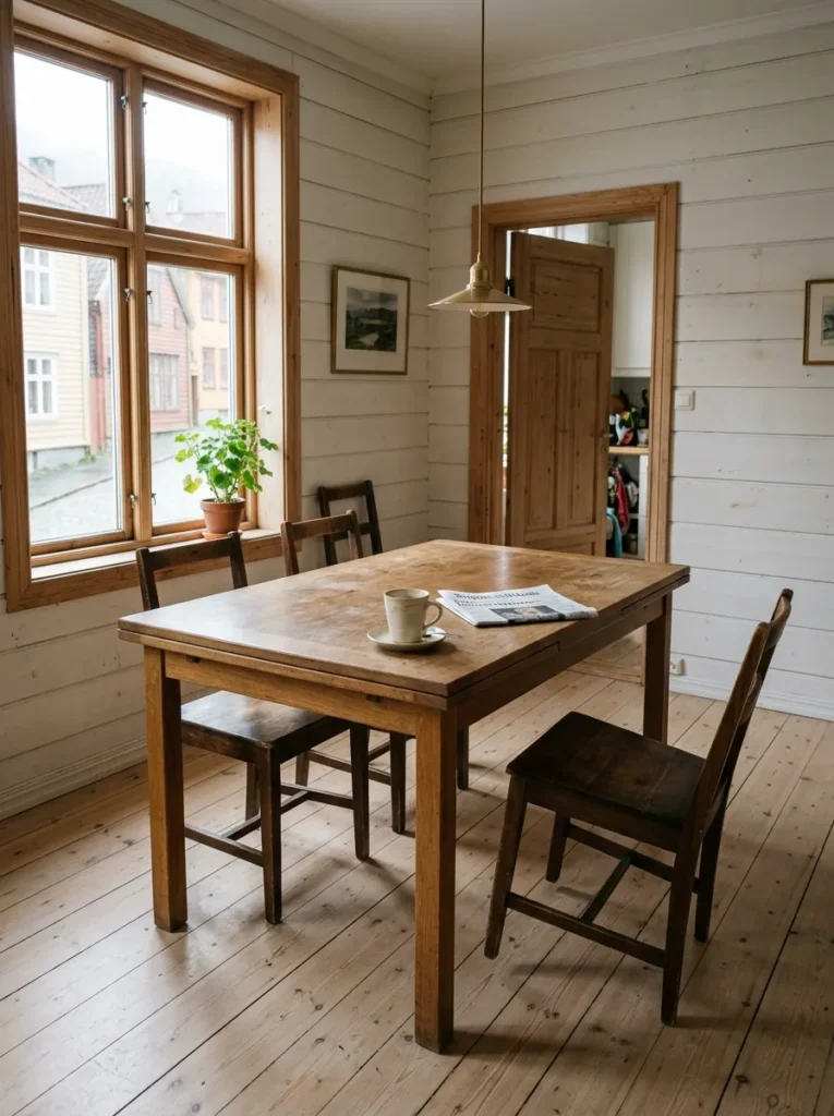 Unstaged oak dining table with a coffee cup and a pulled-out chair in a lived-in Norwegian wooden townhouse Scandinavian dining room.