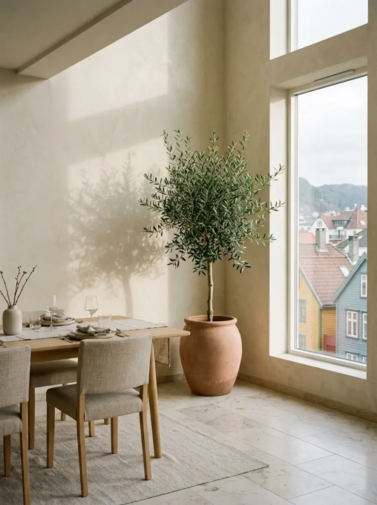 Large olive tree in a hand-thrown terracotta pot beside a white oak dining table in a Norwegian minimalist apartment dining room.