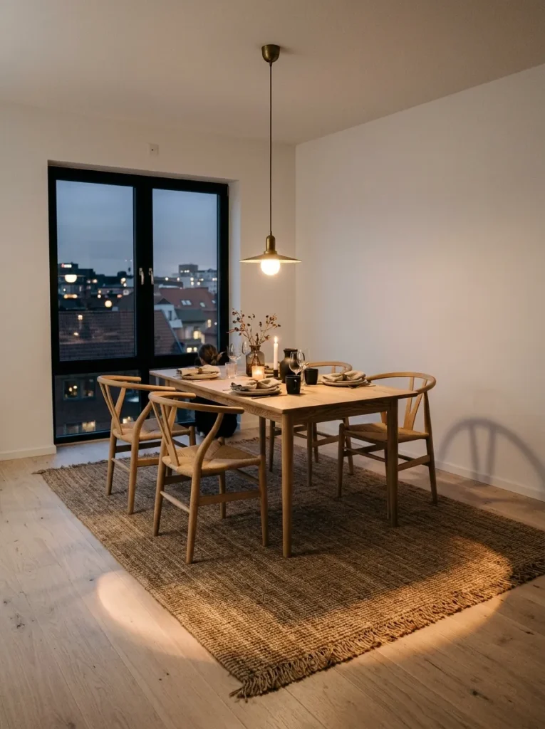 Wide-plank pale oak flooring with a large flatweave jute rug extending under a dining table in a Swedish Japandi dining room.