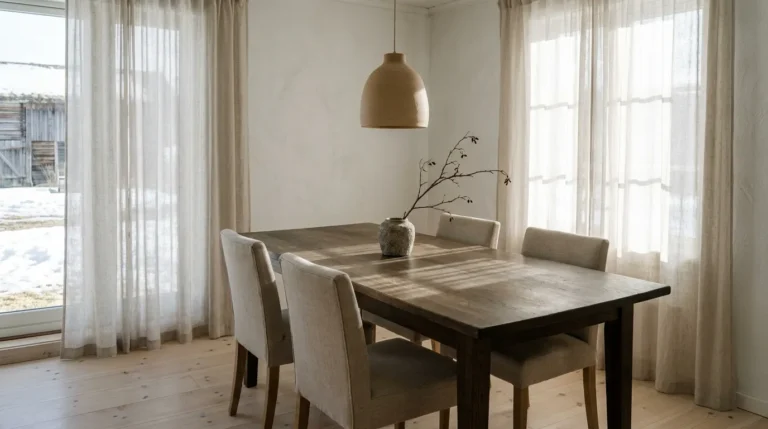 Smoked oak dining table with natural linen chairs and a ceramic pendant in a calm Scandinavian farmhouse dining room.