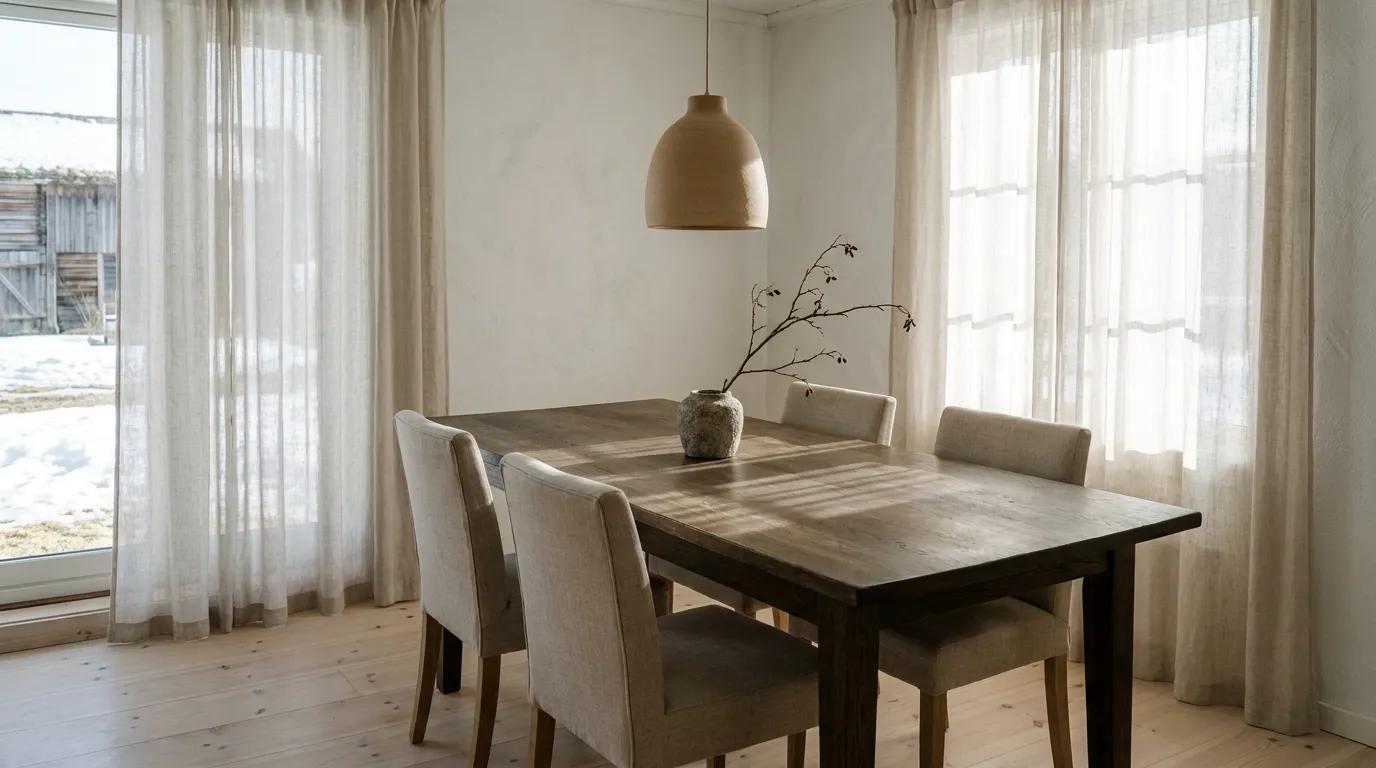 Smoked oak dining table with natural linen chairs and a ceramic pendant in a calm Scandinavian farmhouse dining room.
