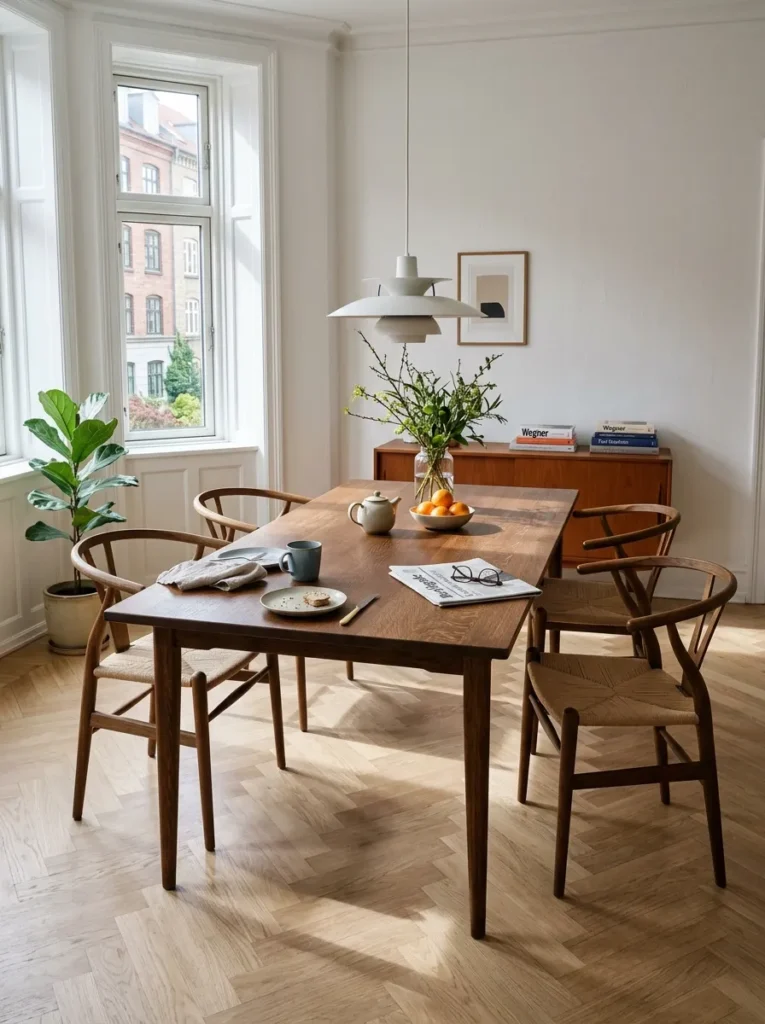Most articles about Scandinavian dining rooms hand you the same checklist: white walls, a light wood table, a pendant light