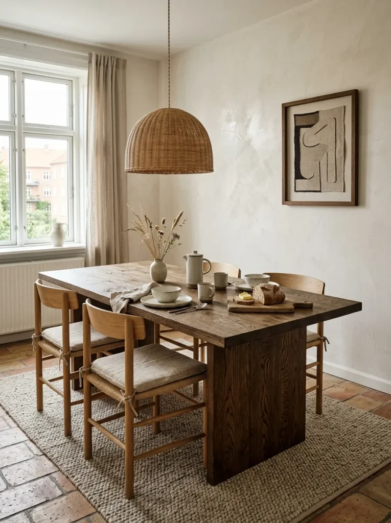 Smoked oak table with flat-woven linen chairs and wool rug layering multiple textures in a Danish Scandinavian dining room with Venetian plaster walls.