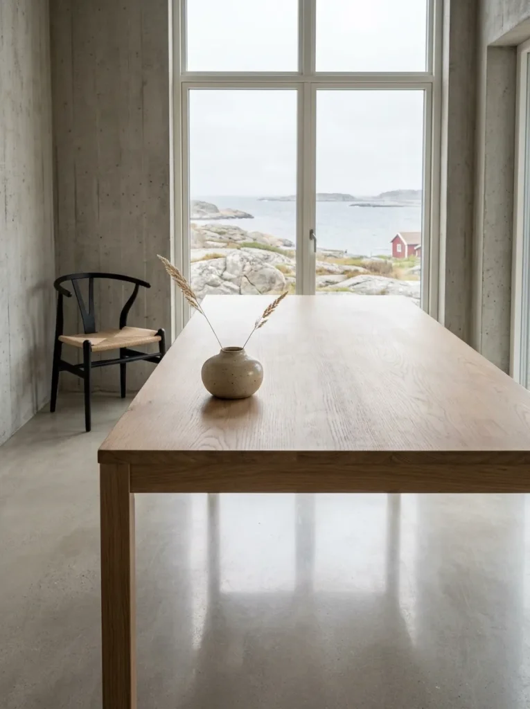 White oak dining table kept almost entirely clear with one ceramic vase and dried stems in a Swedish coastal Scandinavian dining room.