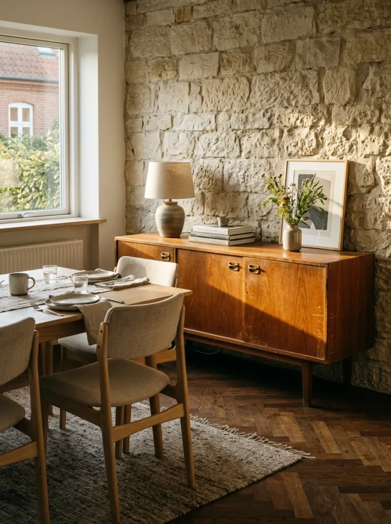 1960s teak sideboard with original patina against a rough limestone wall in a Danish vintage-influenced Scandinavian dining room.