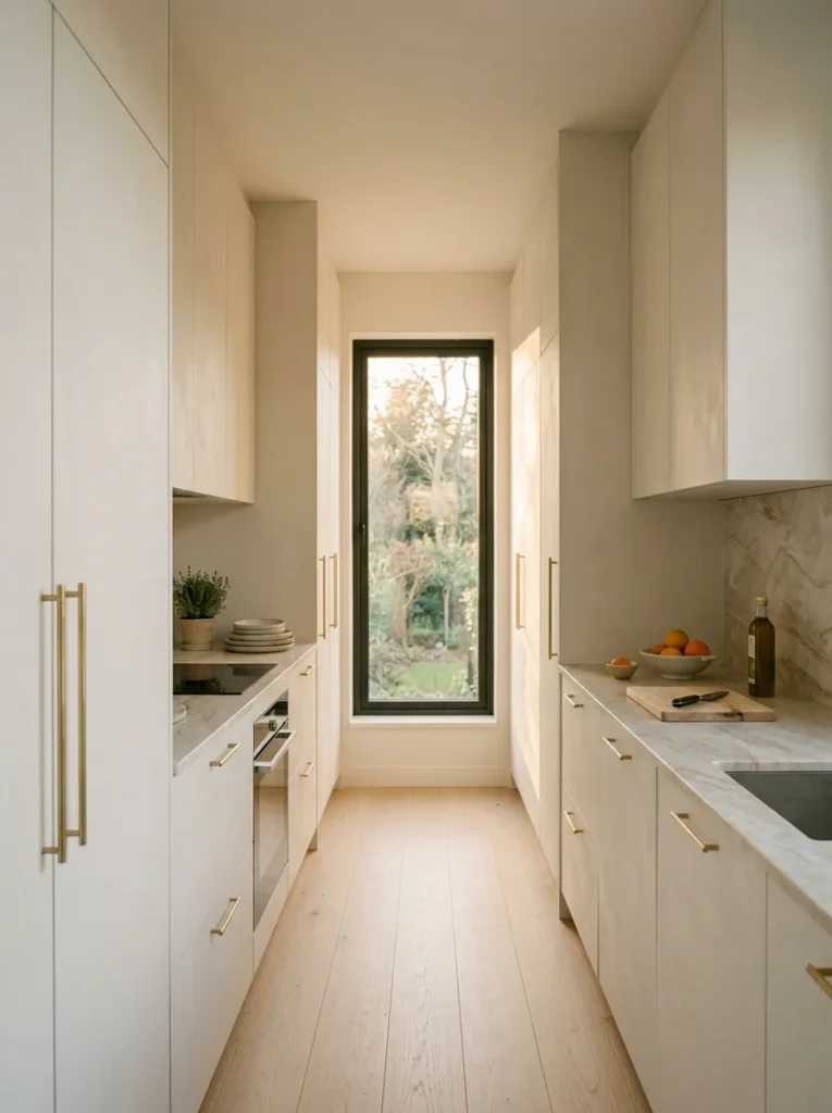 Galley kitchen with warm chalk-white matte cabinets, brushed brass handles, and pale ash flooring in soft afternoon side light