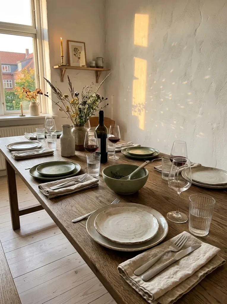 Hand-thrown stoneware plates in sage and bone glazes with fluted glassware on a smoked oak table in a Danish Scandinavian dining room.