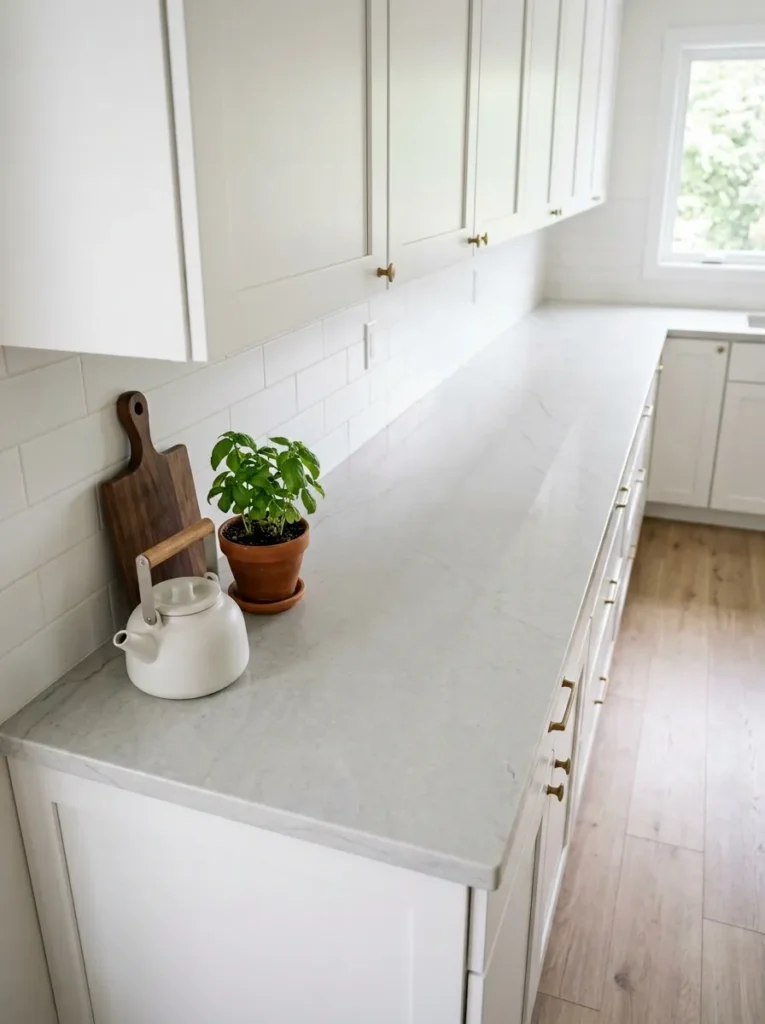 Scandinavian kitchen countertop almost entirely clear, with a ceramic kettle, wooden board, and herb plant grouped at one end