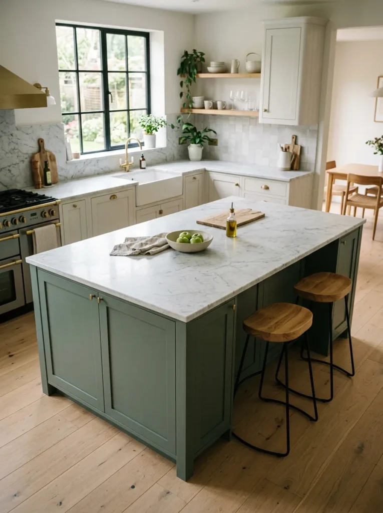 Scandinavian kitchen with a dusty sage island contrasting against pale off-white perimeter cabinets, light marble countertop, and natural wood bar stools
