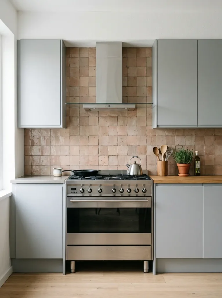 Scandinavian kitchen with smooth flat-front pale grey cabinets beside a rough handmade ceramic tile backsplash in warm clay tones
