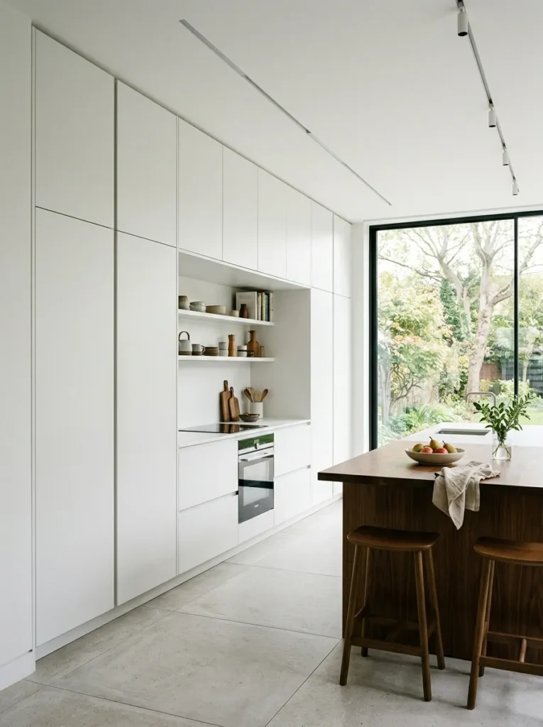 Scandinavian kitchen with floor-to-ceiling white flat-front cabinets meeting the ceiling in a clean continuous line, emphasizing room height