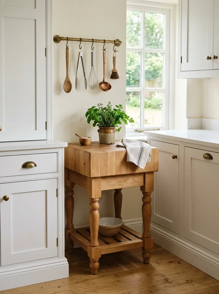 Freestanding light oak butcher's block unit with turned legs positioned beside fitted white kitchen cabinets in a Nordic kitchen