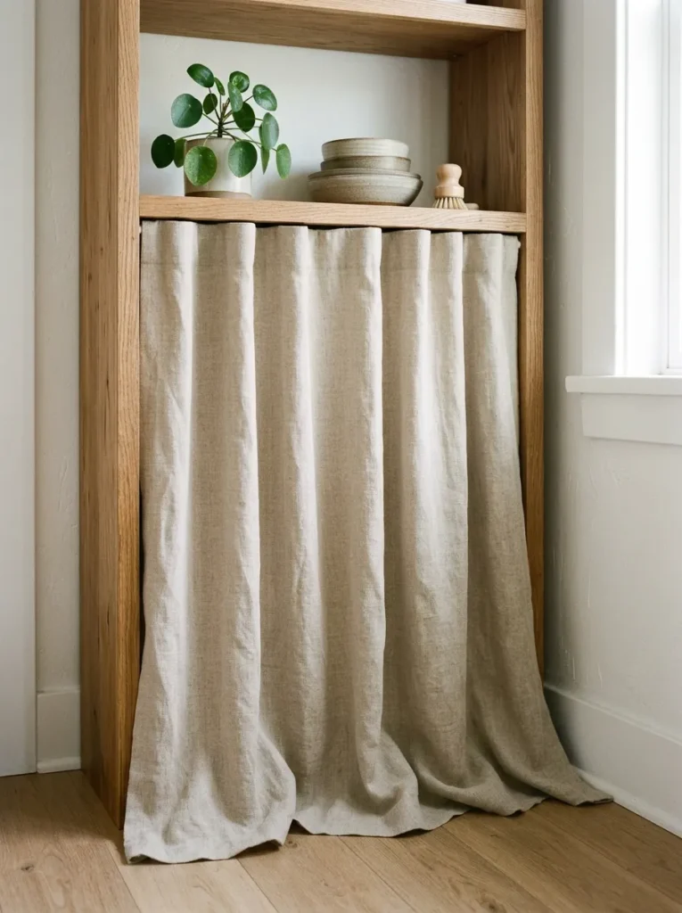 Natural linen curtain on a brass tension rod concealing the lower section of a freestanding kitchen shelf unit