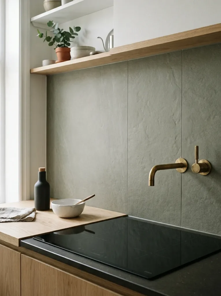 Large-format matte warm grey-green stone-effect tile backsplash behind a cooker in a Scandinavian kitchen with a brass wall tap