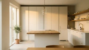 Scandinavian kitchen with floor-to-ceiling off-white cabinets, oak butcher-block island, glass pendants, and open ceramic shelving in warm morning light