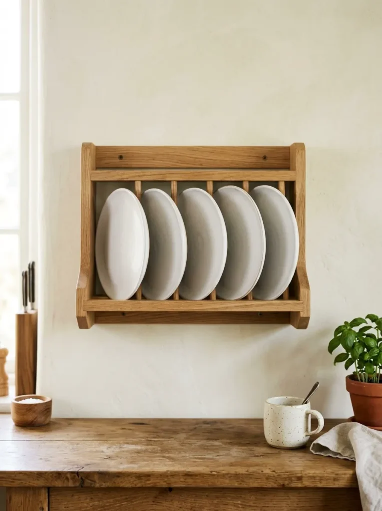 Wall-mounted natural oak plate rack holding five matte white dinner plates vertically above a kitchen counter